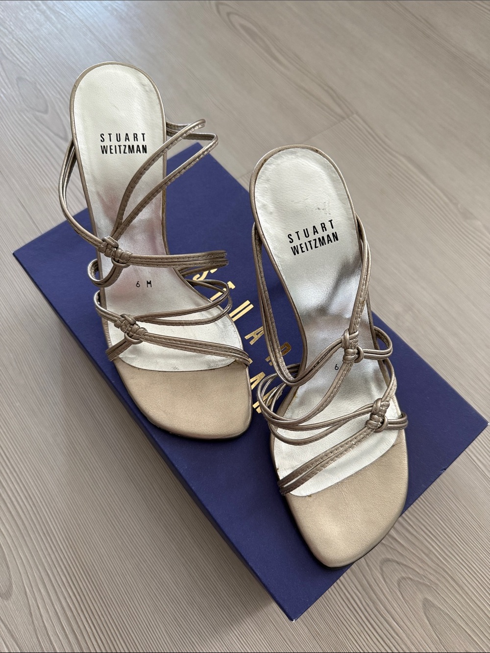 Stuart Weitzman Gold and Beige Strappy Wedge Sandals